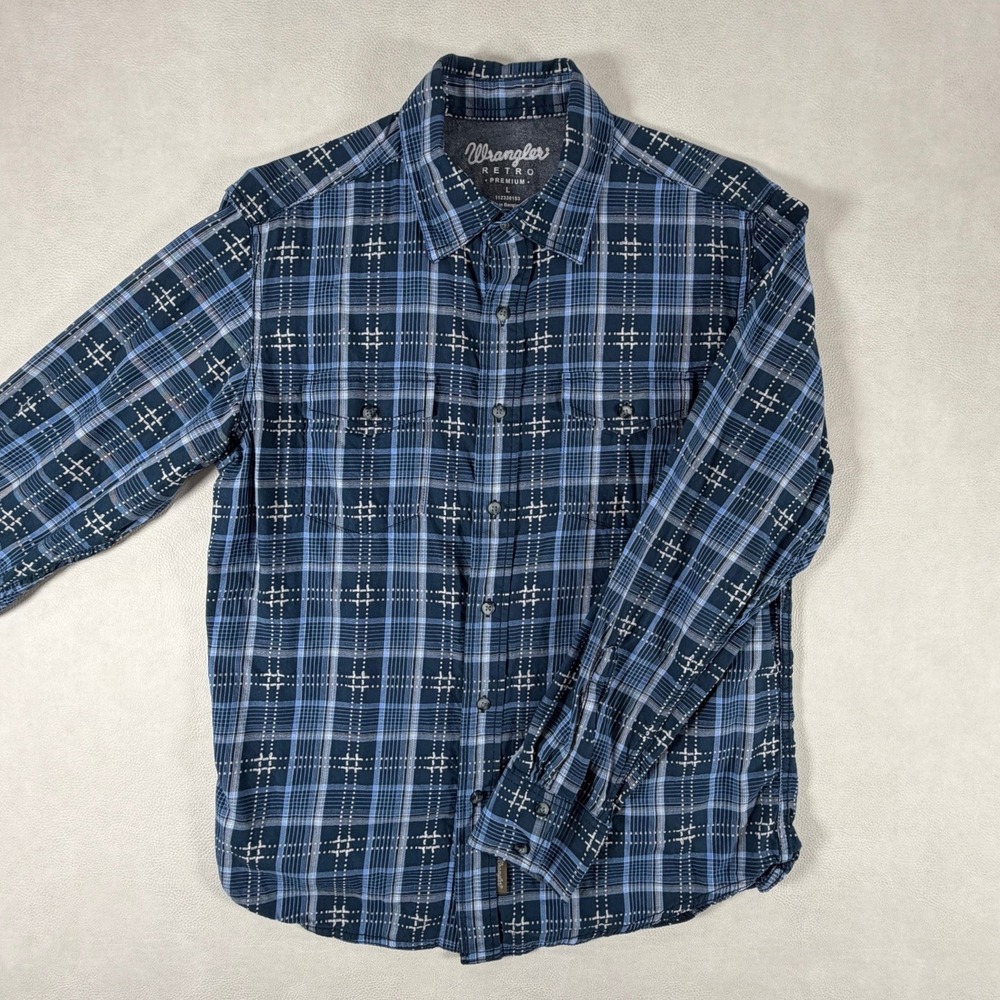 Wrangler Retro Premium Mens Large Blue Plaid Cotton Long Sleeve Button Shirt